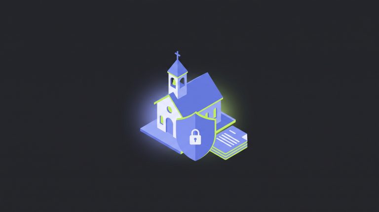 Illustration: Kirchengebäude mit Schutzschild und Dokumenten – Datenschutz nach DSG-EKD