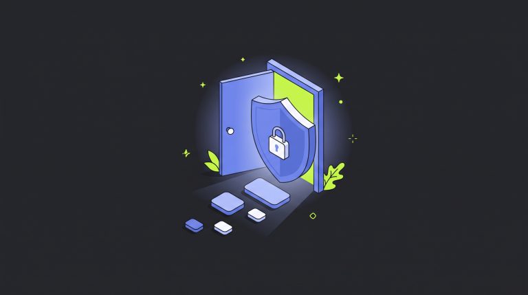Illustration: geöffnete Tür mit Schutzschild und Schloss – Einstieg in den Datenschutz