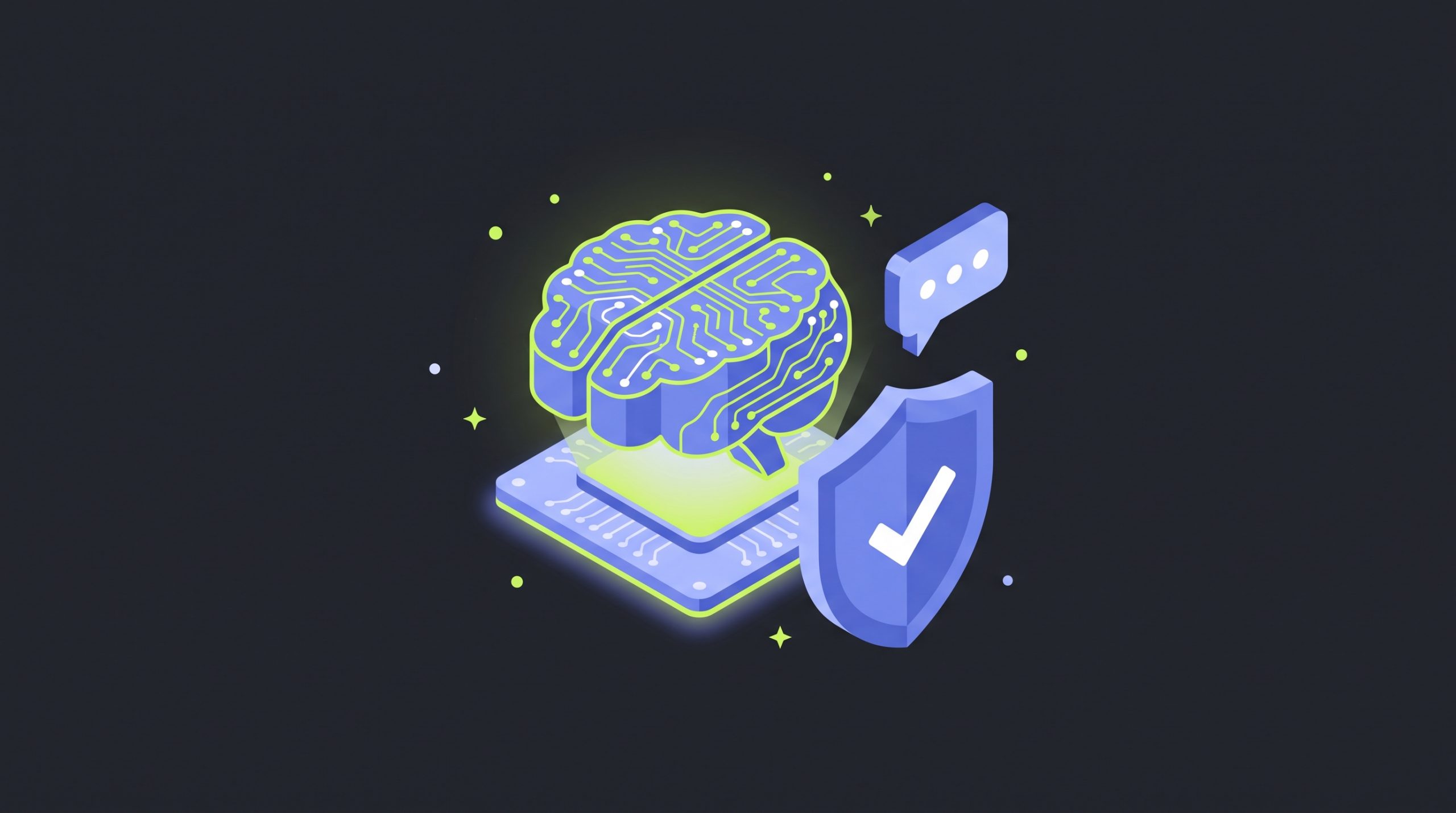 Illustration: Gehirn auf einem Mikrochip mit Sprechblase und Schutzschild – KI-Kompetenz nach KI-Verordnung